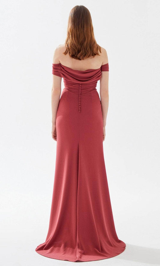 Evening Dresses For Women/ Draped Off Shoulder Prom Dress With High Slit Sweep Train Evening Dresses