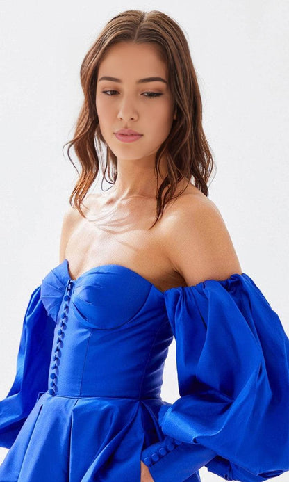 Evening Dresses For Women/ Off Shoulder Puff Sleeve Sweetheart Bustier Buttons Prom Dress With Train Evening Dresses