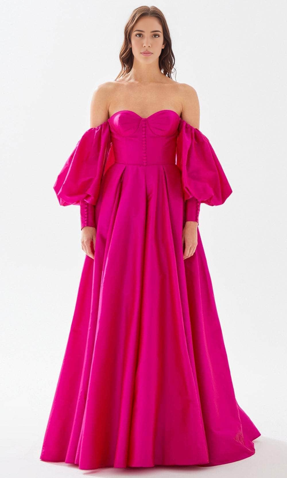 Evening Dresses For Women/ Off Shoulder Puff Sleeve Sweetheart Bustier Buttons Prom Dress With Train Evening Dresses