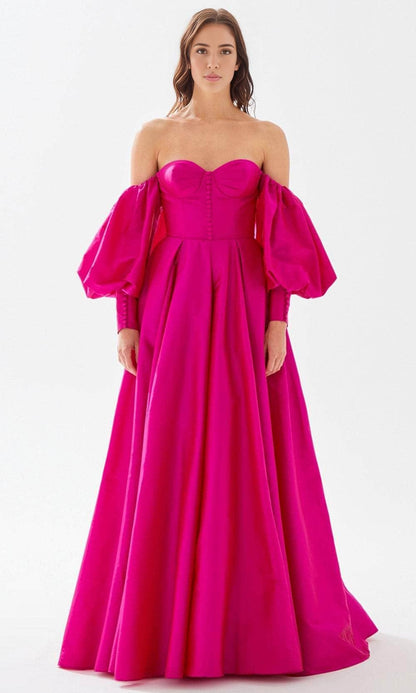 Evening Dresses For Women/ Off Shoulder Puff Sleeve Sweetheart Bustier Buttons Prom Dress With Train Evening Dresses