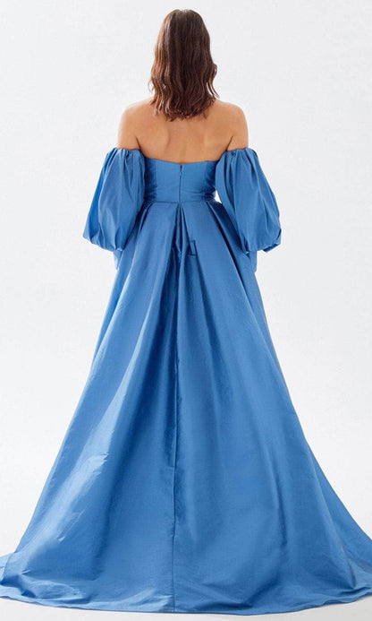 Evening Dresses For Women/ Off Shoulder Puff Sleeve Sweetheart Bustier Buttons Prom Dress With Train Evening Dresses