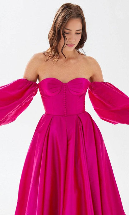 Evening Dresses For Women/ Off Shoulder Puff Sleeve Sweetheart Bustier Buttons Prom Dress With Train Evening Dresses