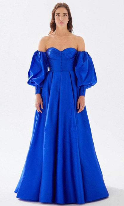 Evening Dresses For Women/ Off Shoulder Puff Sleeve Sweetheart Bustier Buttons Prom Dress With Train Evening Dresses