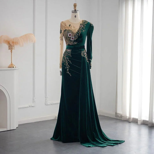 Formal Women's Dresses Dark Green Long Sleeves Jewel Mermaid Evening Dresses Prom Gowns With Ruffles Prom Dress Stores