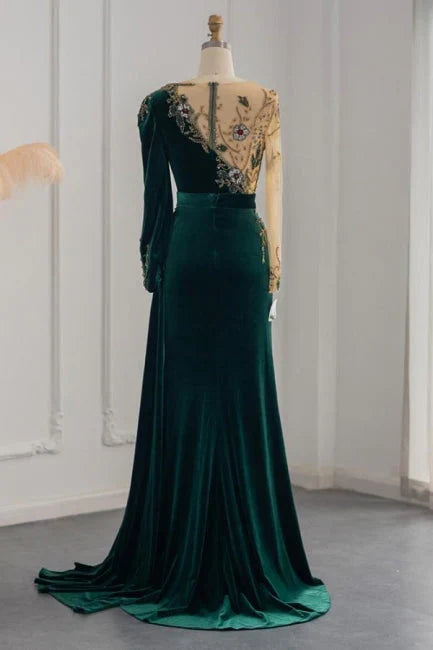 Formal Women's Dresses Dark Green Long Sleeves Jewel Mermaid Evening Dresses Prom Gowns With Ruffles Prom Dress Stores