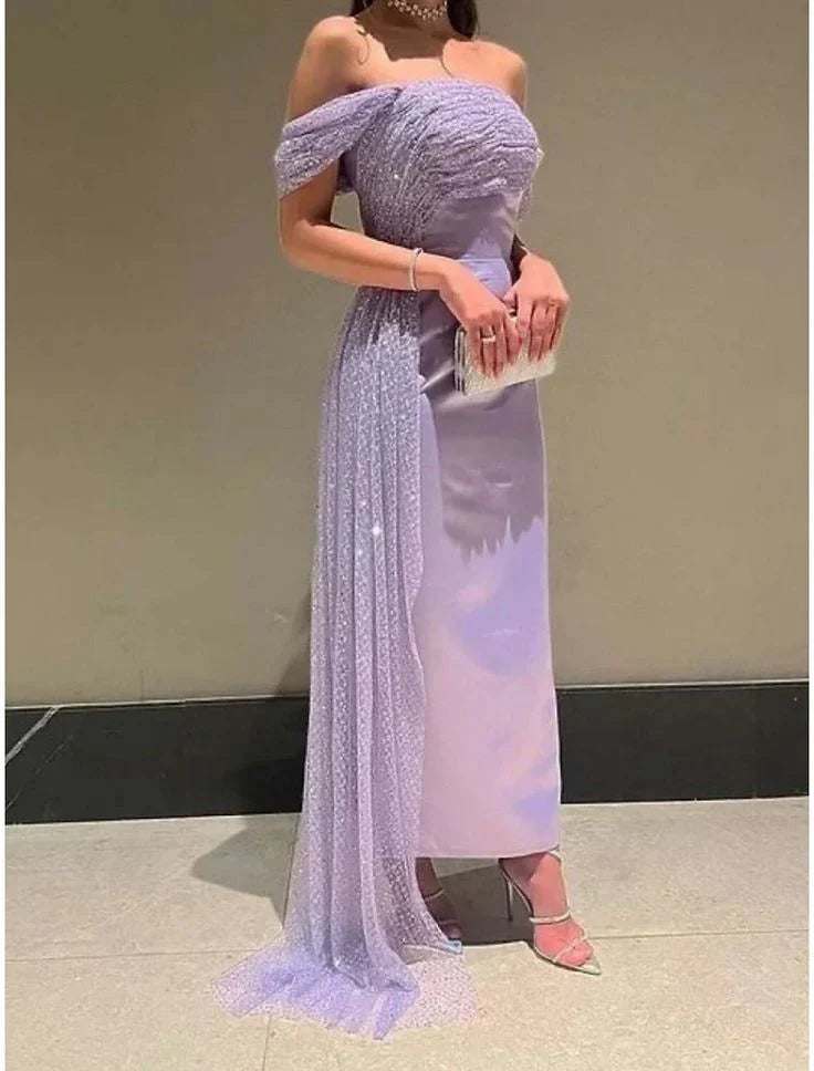 Evening Gown Elegant Ankle Length Short Sleeve Off Shoulder Satin with Ruched Sequin Prom Dress