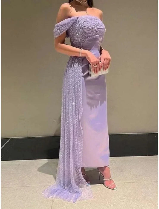 Evening Gown Elegant Ankle Length Short Sleeve Off Shoulder Satin with Ruched Sequin Prom Dress