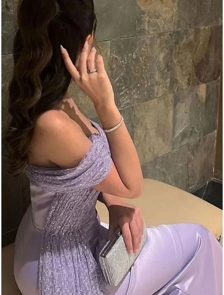 Evening Gown Elegant Ankle Length Short Sleeve Off Shoulder Satin with Ruched Sequin Prom Dress