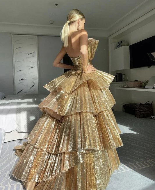Formal Women's Dresses Stylish Golden Tiered Ball Gown Long Evening Party Dress Prom Dresses Stores
