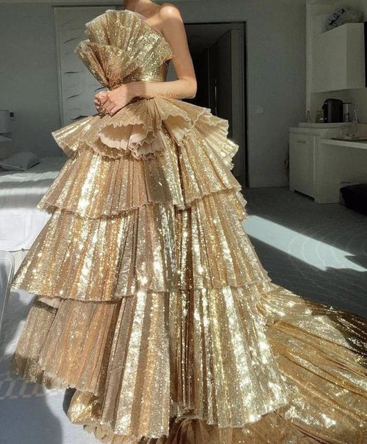 Formal Women's Dresses Stylish Golden Tiered Ball Gown Long Evening Party Dress Prom Dresses Stores