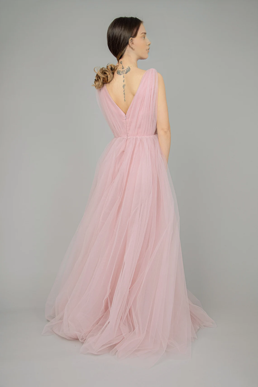 Evening Tulle Dress Pale Pink Dress Prom Long Dress Handcrafted V Neck Sleeveless Bridesmaid Dress Romantic Dress Wedding Dress Cocktail Dress
