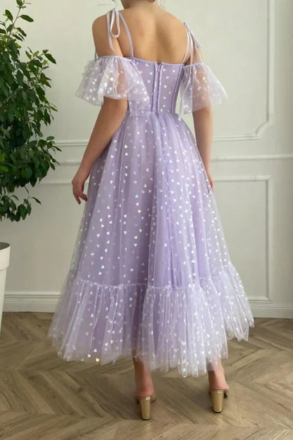 Spaghetti Straps A-line Tulle Tea Length Evening Dress