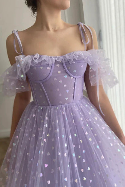Spaghetti Straps A-line Tulle Tea Length Evening Dress