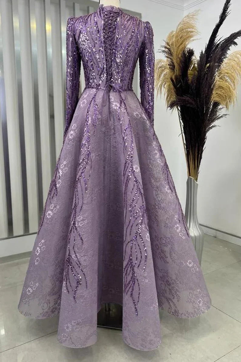 Embroidered A-line Long Sleeves Evening Dress