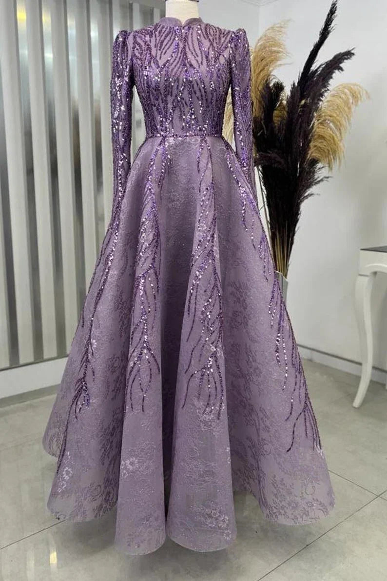 Embroidered A-line Long Sleeves Evening Dress