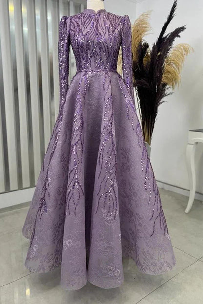 Embroidered A-line Long Sleeves Evening Dress