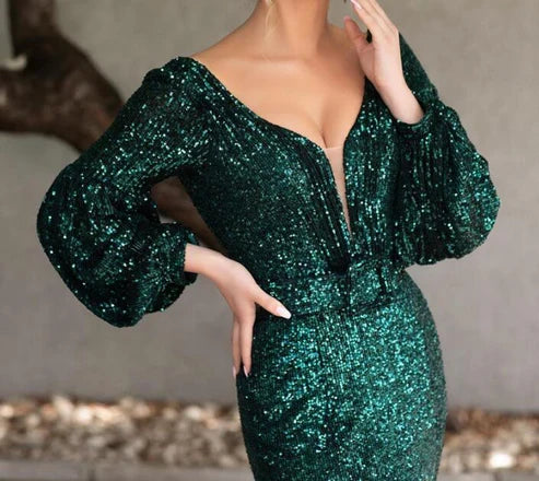 Backless Sparkly Long Sleeve Floor Length Evening Dresses ﻿