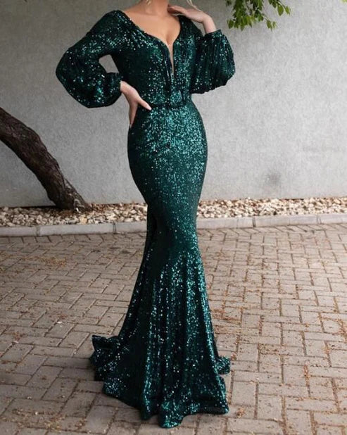 Backless Sparkly Long Sleeve Floor Length Evening Dresses ﻿