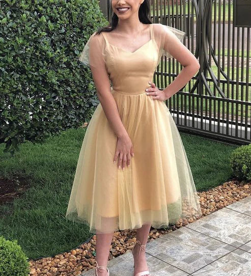 Spaghetti Straps Tulle A-line Tea Length Tulle Evening Prom Dress