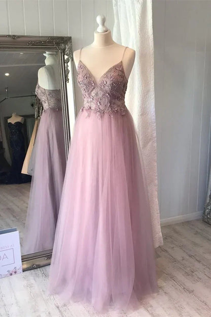 Spaghetti Strap A-line Flowers Evening Dress
