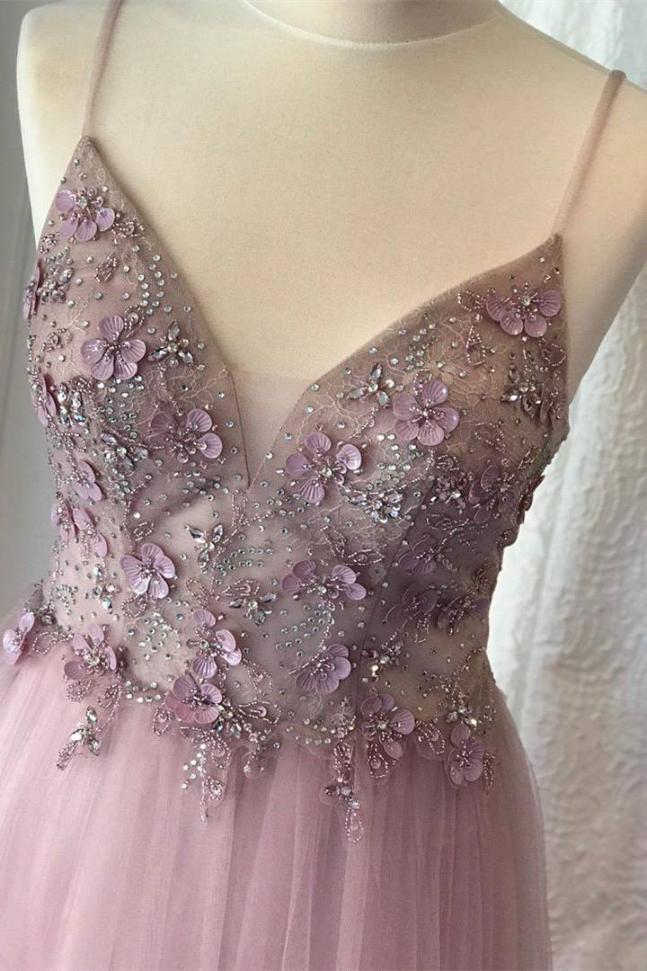 Spaghetti Strap A-line Flowers Evening Dress