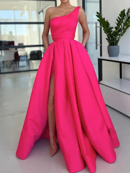 Simple One Shoulder Satin Evening Dresses With Slit ﻿