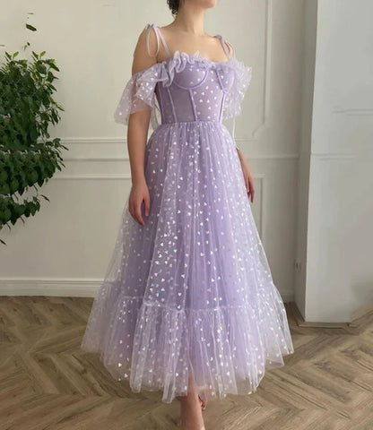 Spaghetti Straps A-line Tulle Tea Length Evening Dress