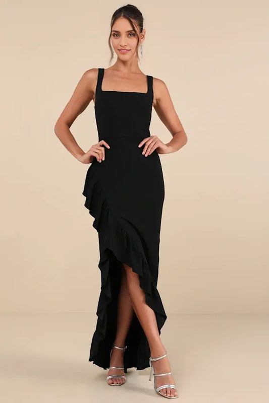 Formal Women's Dresses Sleeveless Immaculate Square Neck Excellence Black Ruffled Maxi Dress Prom Dress Stores