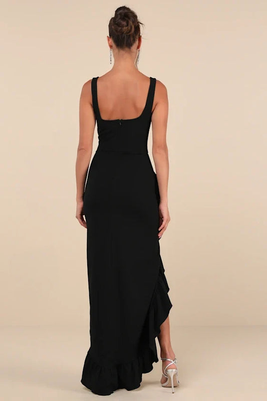 Formal Women's Dresses Sleeveless Immaculate Square Neck Excellence Black Ruffled Maxi Dress Prom Dress Stores