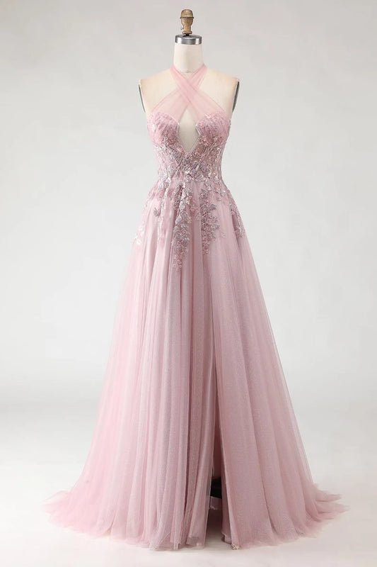 Exquisite A-Line Halter Neck Sleeveless Backless Tulle Floor-Length Prom Dress