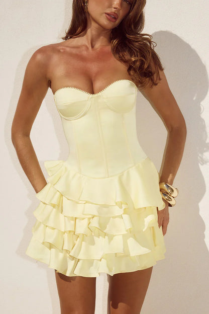 Exquisite A-Line Strapless Sleeveless Satin Ruffled Short-Mini Homecoming Dress
