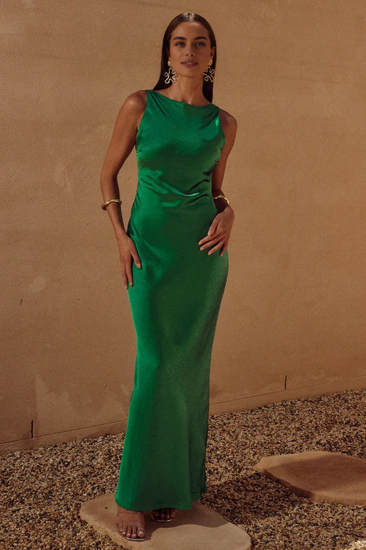 Exquisite Sheath/Column Boat Neck Sleeveless Satin Floor Length Prom Dress