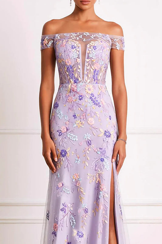Exquisite Sheath Off the Shoulder Sleeveless Tulle Embroidered Floor-Length Prom Dress