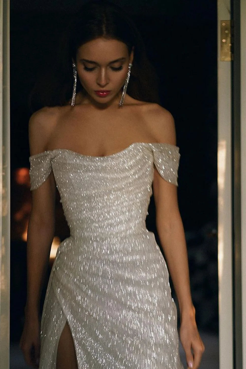 Shimmering Mermaid Off‑The‑Shoulder Short‑Sleeve High‑Slit Floor‑Length Prom Dress For Evening