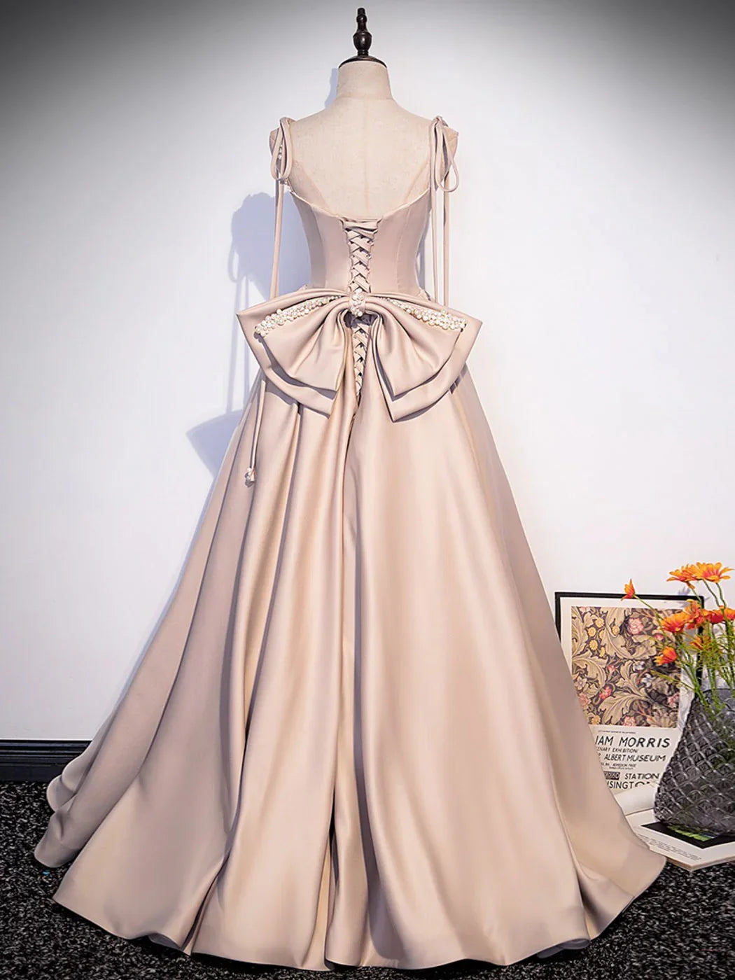 Spaghetti Straps Floor Length Champagne A-Line Satin Long Prom Dresses