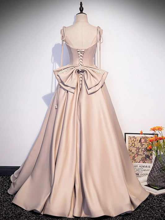 Spaghetti Straps Floor Length Champagne A-Line Satin Long Prom Dresses