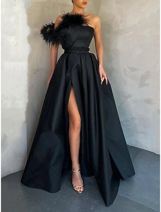 A-Line Evening Gown High Split Dress Formal Floor Length Sleeveless One Shoulder Satin with Feather Slit