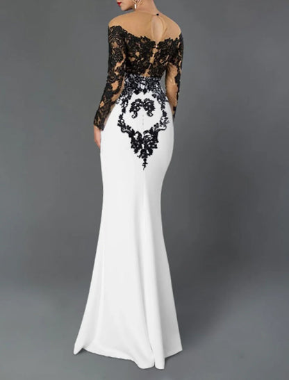Mermaid / Trumpet Evening Gown Elegant Dress Wedding Guest Floor Length 3/4 Length Sleeve Jewel Neck Stretch Crepe with Appliques