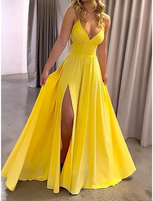 Women's Prom Dress Party Dress Sheath Dress Long Dress Maxi Dress Yellow Sleeveless Pure Color Ruched Fall Winter Autumn Spaghetti Strap Fashion Evening Party Vacation