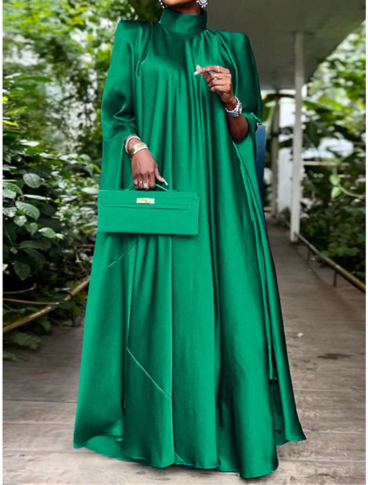 Women's Prom Dress Party Dress Satin Dress Long Dress Maxi Dress Black Yellow Pink Sleeveless Pure Color Ruched Summer Spring Fall Stand Collar Fashion Birthday Evening Party Wedding Guest