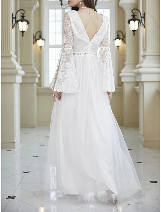 Women's Prom Dress Party Dress Lace Dress Long Dress Maxi Dress White Long Sleeve Pure Color Lace Summer Spring Fall V Neck Party Evening Party Wedding Guest Summer Dress