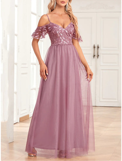Women's Pink Sequin Dress Prom Dress Party Dress Sparkly Dress Long Dress Maxi Dress Short Sleeve Sparkly Glitter Fall Winter Spaghetti Strap Fashion Evening Party