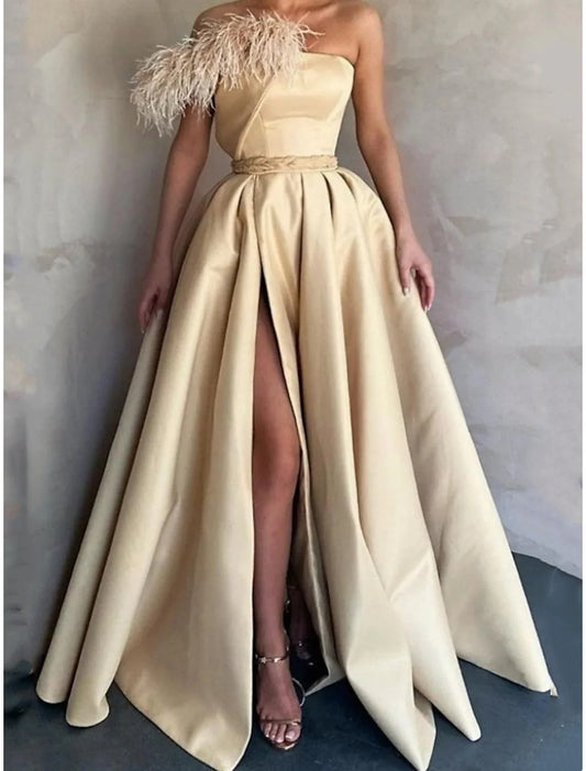 A-Line Evening Gown High Split Dress Formal Floor Length Sleeveless One Shoulder Satin with Feather Slit
