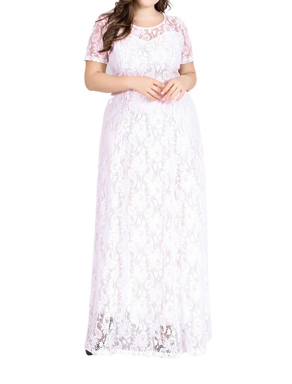 Women's Plus Size Black Dress Prom Dress Party Dress Long Dress Maxi Dress Black White Short Sleeve Plain Lace Summer Spring Fall Crew Neck Elegant Wedding Guest Birthday Evening Party