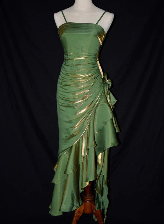 Shiny Green‑Gold Mermaid Square Neck Spaghetti Straps Zipper‑Back Midi Prom Dress For Gala