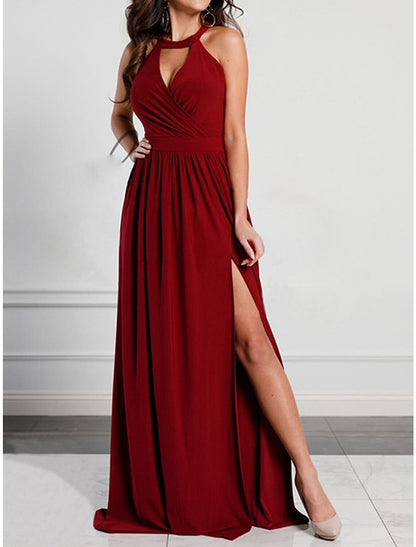 Women's Prom Dress Party Dress Wedding Guest Dress Long Dress Maxi Dress Pink Wine Green Sleeveless Plain Backless Summer Spring Fall Halter Neck Elegant Wedding Guest Evening Party Vacation