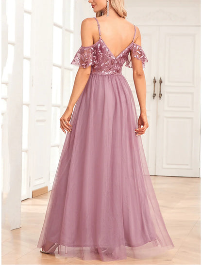 Women's Pink Sequin Dress Prom Dress Party Dress Sparkly Dress Long Dress Maxi Dress Short Sleeve Sparkly Glitter Fall Winter Spaghetti Strap Fashion Evening Party