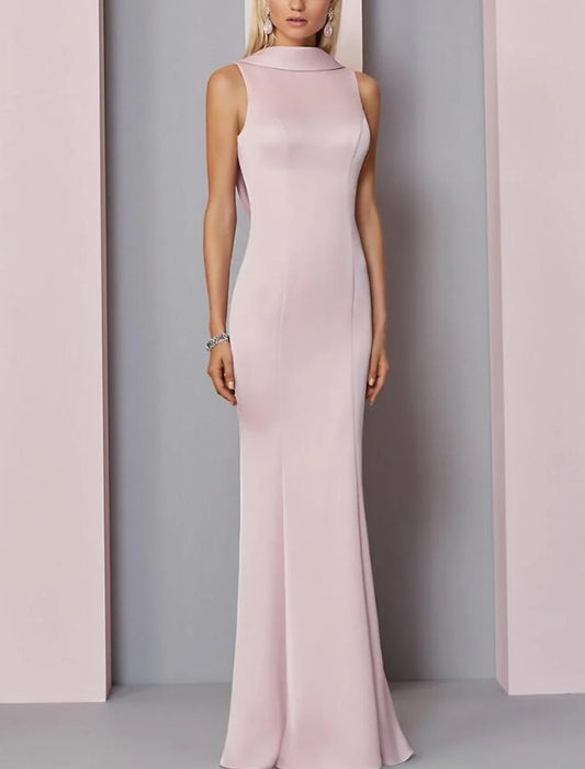 Sheath / Column Evening Gown Elegant Dress Wedding Guest Engagement Floor Length Sleeveless High Neck Satin V Back with Pleats