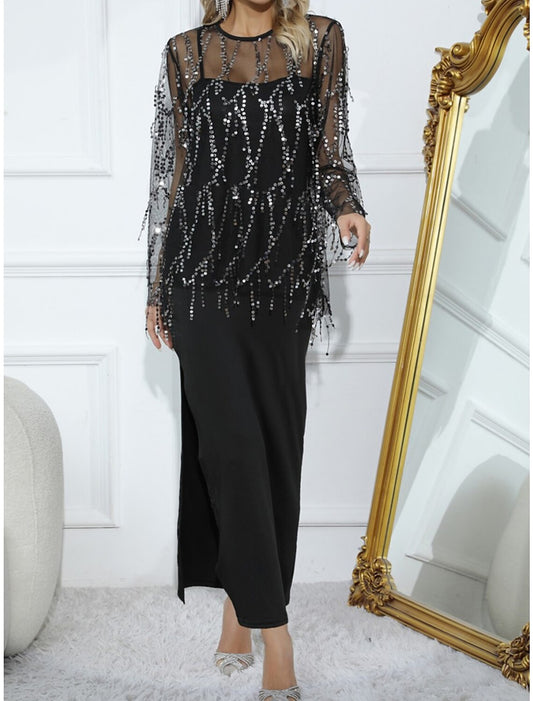 Women's Little Black Dress Sequin Dress Prom Dress Long Dress Maxi Dress Black Long Sleeve Pure Color Sequins Fall Winter Crew Neck Fashion Winter Dress Wedding Guest Evening Party