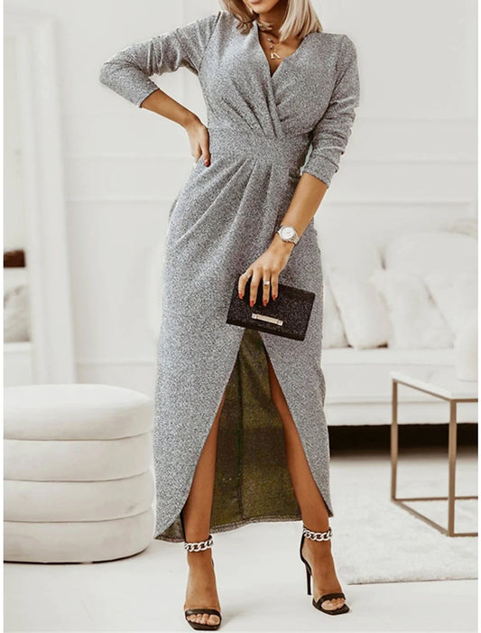 Women's Prom Dress Party Dress Wedding Guest Dress Long Dress Maxi Dress Silver Black Gold Long Sleeve Pure Color Ruched Fall Winter Autumn V Neck Fashion Winter Dress Birthday Evening Party